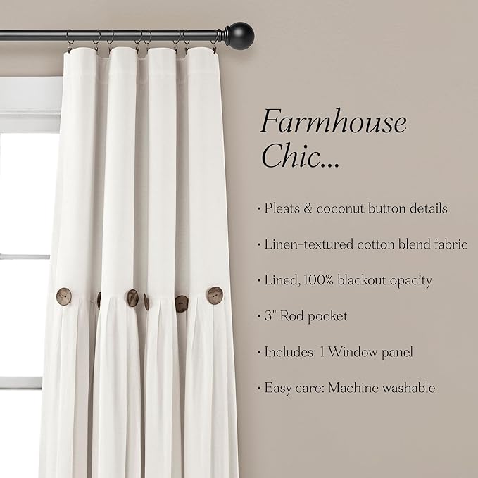 Lush Decor Linen Button Window Curtain Panel, Single, 40" W x 84" L, Off-white - Country Curtains - Rustic Decor - Color Block Modern Farmhouse Curtains For Living Room, Bedroom & Dining Room