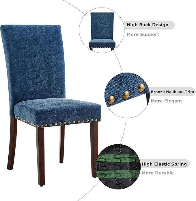 COLAMY Upholstered Parsons Dining Chairs Set of 2, Fabric Dining Room Kitchen Side Chair with Nailhead Trim and Wood Legs - Dark Blue