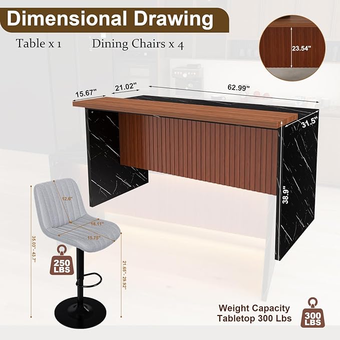 63" Modern Kitchen Island Set with 4 Gray Stools Black Marble Look, LED Lighting & Grill Design for Dining Room, Open Concept Spaces, Lounge Elegance