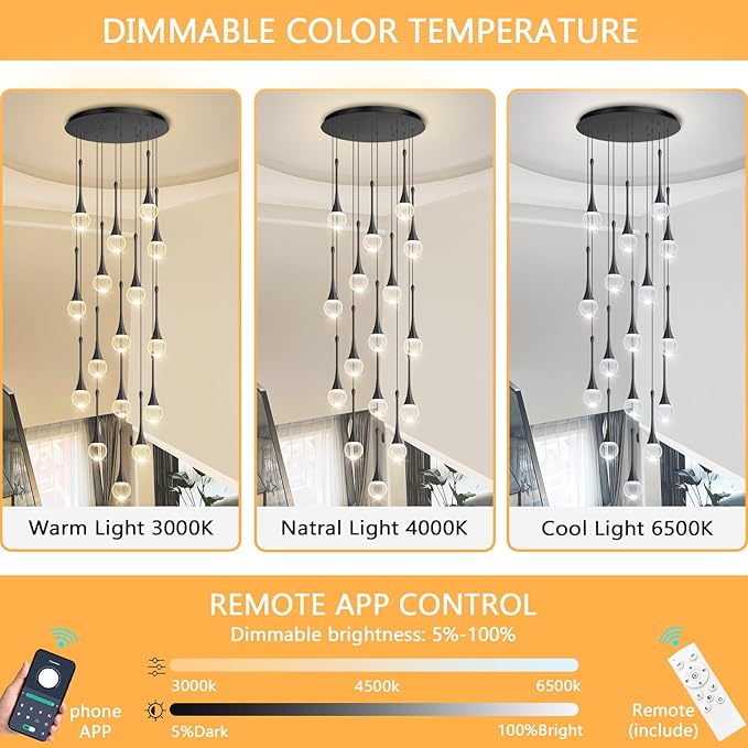 16 Light High Ceiling Crystal Chandelier Dimmable LED Pendant Lights with Remote Adjustable Chandeliers for Foyer Staircase Living Room Black