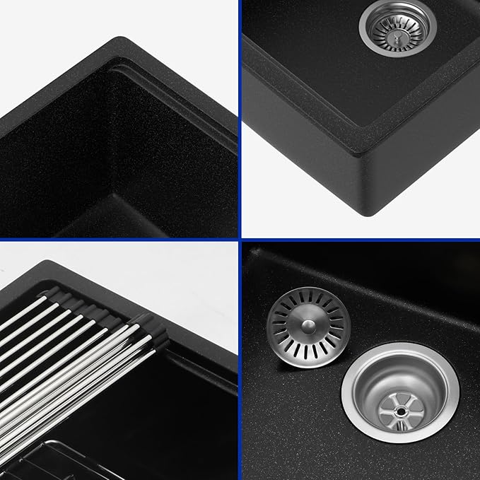 Dcolora 18 In. Black Undermount Granite Composite Bar Sink Single Bowl Workstation, Quartz Kitchen Sink, 18" x 18" x 10" #DC-GU0002BS
