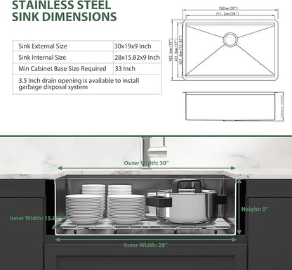 Black Undermount Kitchen Sink 30 Inch Stainless Steel Workstation Kitchen Sinks Single Bowl Gunmetal Black Nano PVD 16 Gague Handmade Large Deep Sinks, 30"x19"x9"