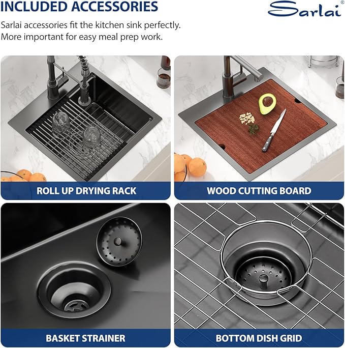 Sarlai Drop Bar Sink - 18 Inch Black Outdoor Kitchen Sink Gunmetal Black Drop In Workstation 18 x 18 Topmount Stainless Steel 16 Gauge Single Bowl Kitchen Bar Prep RV Outdoor Sinks Basin