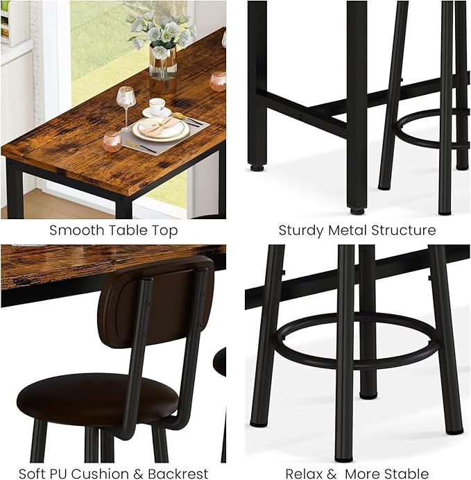 AWQM 47.2"" Pub Height Table Set for 4,Kitchen Dining Set with 2 Bar Table Table and 4 PU Leather Stools with Backrest,for Breakfast Nook,Living Room,Small Space,Bar,Rustic Brown & Brown, APHT-2