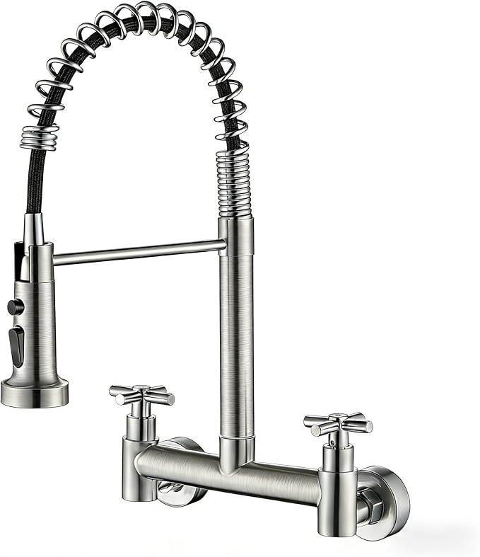 Wall Mount Faucet 8 Inch Center, with Pull Down Sprayer, Commercial Mixer Tap, High Arc Dual Handle Spring Kitchen Sink Faucets
