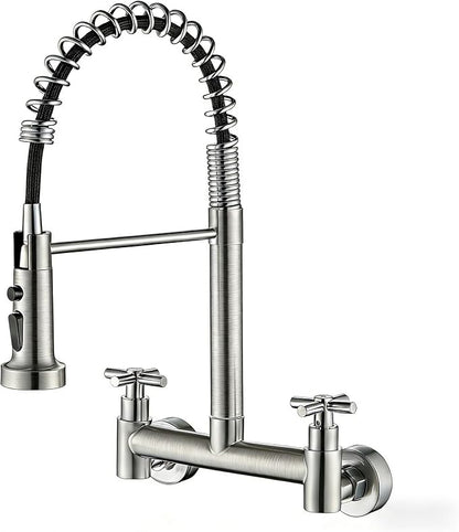 Wall Mount Faucet 8 Inch Center, with Pull Down Sprayer, Commercial Mixer Tap, High Arc Dual Handle Spring Kitchen Sink Faucets