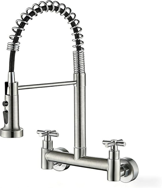 Wall Mount Faucet 8 Inch Center, with Pull Down Sprayer, Commercial Mixer Tap, High Arc Dual Handle Spring Kitchen Sink Faucets