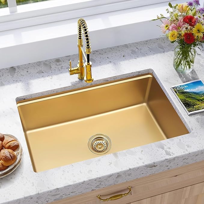 Gold Kitchen Sink, Single Bowl Drop in 32” x 18” Stainless Steel Gold Handmade Deep Kitchen Sink with Cutting Board and Drain Strainer