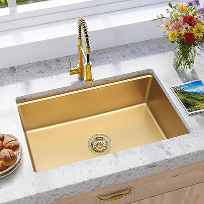 Gold Kitchen Sink, Single Bowl Drop in 32” x 18” Stainless Steel Gold Handmade Deep Kitchen Sink with Cutting Board and Drain Strainer