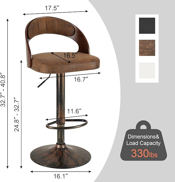 VECELO Bar Stool Set of 4, Kitchen Island Stools with Bentwood Back,Arm&Footrest,360°Swivel Counter Height Stools,PU Leather Cushion Seat Adjustable Height for Club Pub&Kitchen, Rustic Brown