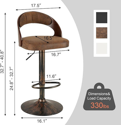 VECELO Bar Stool Set of 4, Kitchen Island Stools with Bentwood Back,Arm&Footrest,360°Swivel Counter Height Stools,PU Leather Cushion Seat Adjustable Height for Club Pub&Kitchen, Rustic Brown