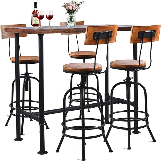 Vintage Bar Set Rustic 41.3inch Height Pipe Design Bar Table and Set of 4 26-32inch Height Adjustable Industrial Bar Stools with Backrest forKitchen Dining Room Office Meeting Cafe House