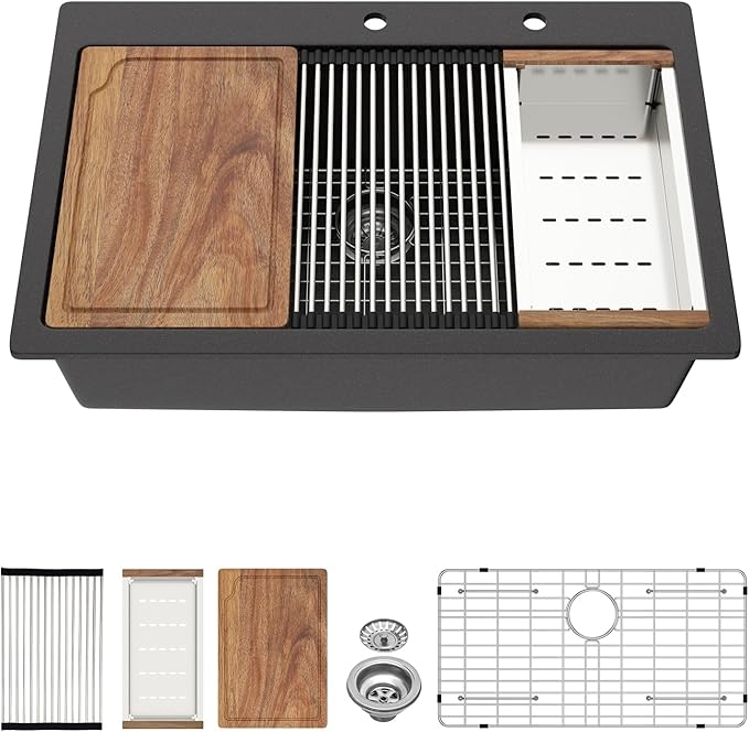 33 Granite Composite Kitchen Sink - Beslend 33x22 Drop In Black Kitchen Sink, Topmount Granite Luxury Above Counter Worksation Black Sinks Easy Clean Quartz Dish Basin for Kitchen Remodel