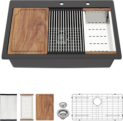 33 Granite Composite Kitchen Sink - Beslend 33x22 Drop In Black Kitchen Sink, Topmount Granite Luxury Above Counter Worksation Black Sinks Easy Clean Quartz Dish Basin for Kitchen Remodel