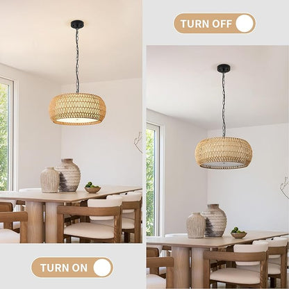 19 Inch Boho Chandeliers for Dining Room 5-Lights Farmhouse Light Fixtures Large Pendant Light Hand Woven Dining Table Light Fixture Rattan Hanging Lamp for Kitchen Island