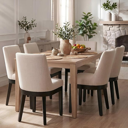 HNY Modern Dining Chairs Set of 4 with Comfortable Back Support, Farmhouse Soft Linen Upholstered Dining Room Chairs with Black Solid Wood Legs, Armless Kitchen Side Chairs for Living Room, Beige