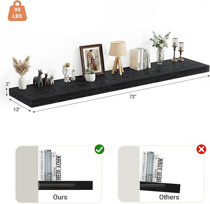 Heimlove 12 Inch Deep Floating Shelves, 72 x 12 inches Long, Large Extra Display & Storage Shelf, Rustic Wood Wall Shelves for Fireplace Mantel, Black - 1Pack