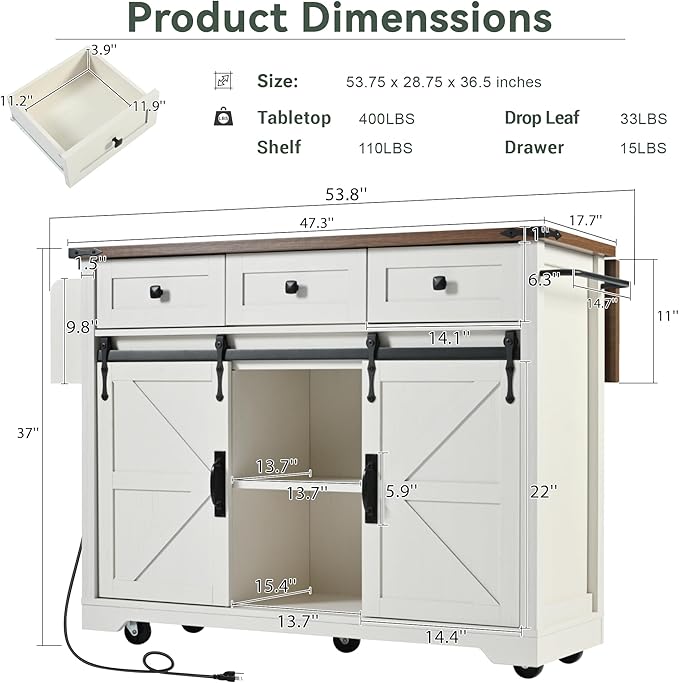 RUNNA Farmhouse Kitchen Island with Power Outlet, 2 Sliding Barn Door Kitchen Storage Island with Drop Leaf, Spice Rack Rolling Kitchen Cart on Wheels, for Home, Kitchen and Dining Room (White~47)