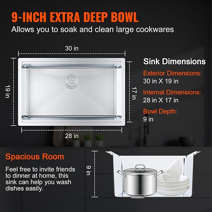 VEVOR 30 inch Kitchen Single Sink, 304 Stainless Steel Undermount Sink Drop-In Single Bowl Farmhouse Basin with Ledge & Multiple Accessories, Household Dishwasher Sinks for Prep Kitchen, Bar 30"*19"