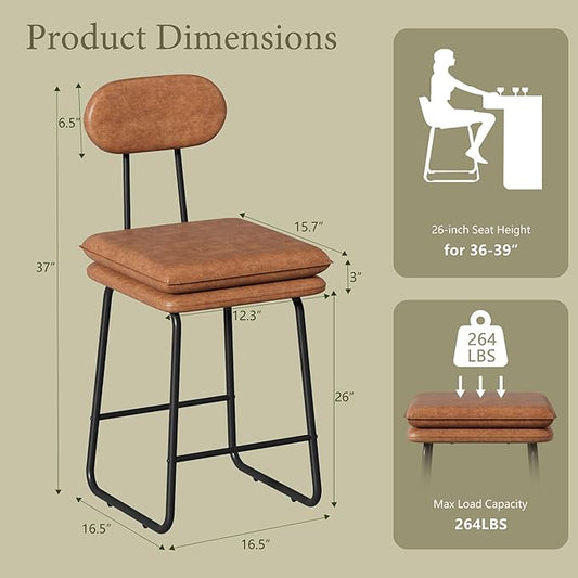 VECELO Bar Stools Set of 2, Counter Height Barstools with Removable Backrest, Padded Seat and Metal Legs, PU Leather Upholstered Bar Chairs for Kitchen, Island, Brown