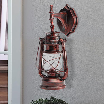 Retro Antique Vintage Rustic Wall Sconce, Lighting Lantern Mounted Light with Glass Indoor Light Fixture, Cabin Decor Lampshade for Hallway Farmhouse Loft (Red Bronze Coloured)