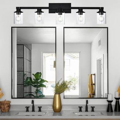 5-Light Adjustable Track Lighting Kit in Matte Black Semi Flush Mount Ceiling Light with 5 Rotatable Light Heads Modern Vanity Lights for Bathroom, Clear Glass Shade
