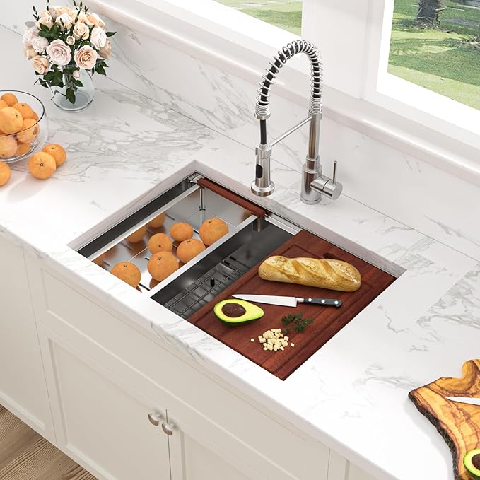 Sarlai 26 Undermount Kitchen Sink - 26" x 19" Undermount Kitchen Sinks Workstation Stainless Steel 16 Gauge Single Bowl Under Counter Kitchen Sink Basin With Round Corner Thickened Plate