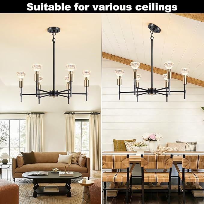 6 Light Black Imitation Crystal Chandelier, Modern Vintage Farmhouse Flush Mount Ceiling Pendant Light for Kitchen Island Dining Room Entryway Foyer Home Décor