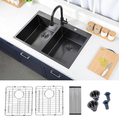 SHACO 33x22 Black 50/50 Double Bowl Drop In Kitchen Sink, 33 Inch Top Mount Gunmetal Black 16 Gauge Stainless Steel Kitchen Sink with Grid and Accessories