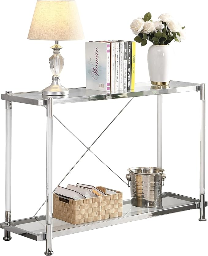 Silver Console Table with Chrome Metal Frame, 2-Tier Rectangular Clear Glass Acrylic Console Table with Storage Shelf, Narrow Hallway Tables Modern Entryway Tables for Living Room