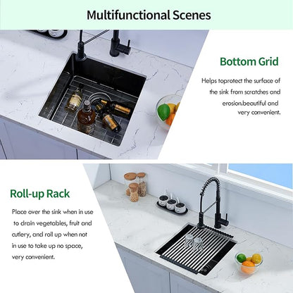 Undermount Kitchen Sink, 18 x 18 x 10 Inch Single Bowl Undermount Small Bar Sink 16 Gauge T-304 Stainless Steel Gunmetal Black Kitchen Sinks