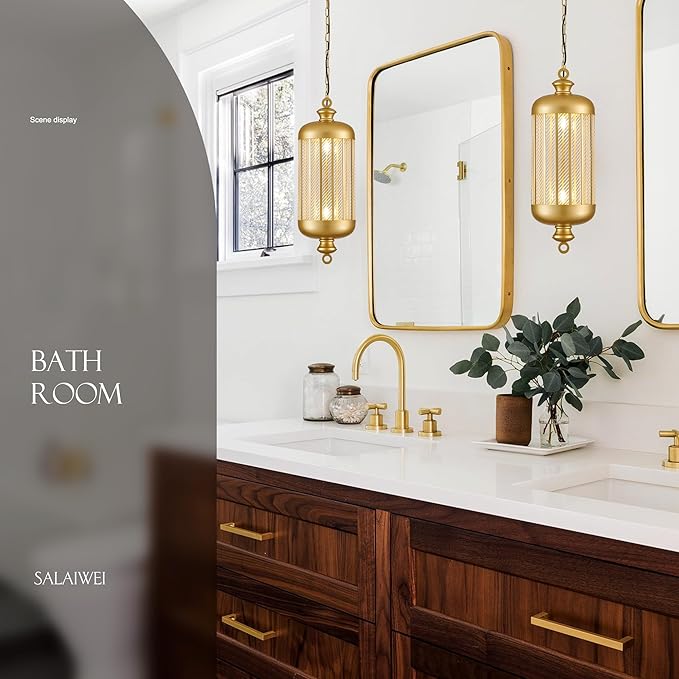 10'' Brushed Gold Pendant Lights Kitchen Island, 2-Light Modern Brass Ceiling Hanging Light Fxitures, Farmhouse Kitchen Pendant Lighting Over Island for Sink Dining Room Bathroom Bar-1 Pack