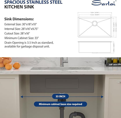 Sarlai 30 Matte Black Undermount Kitchen Sink Workstation - 30x18 Inch Kitchen Sinks with Ledge NANO-Tech Round Corner 16 Gauge Stainless Steel Single Bowl Sink Basin