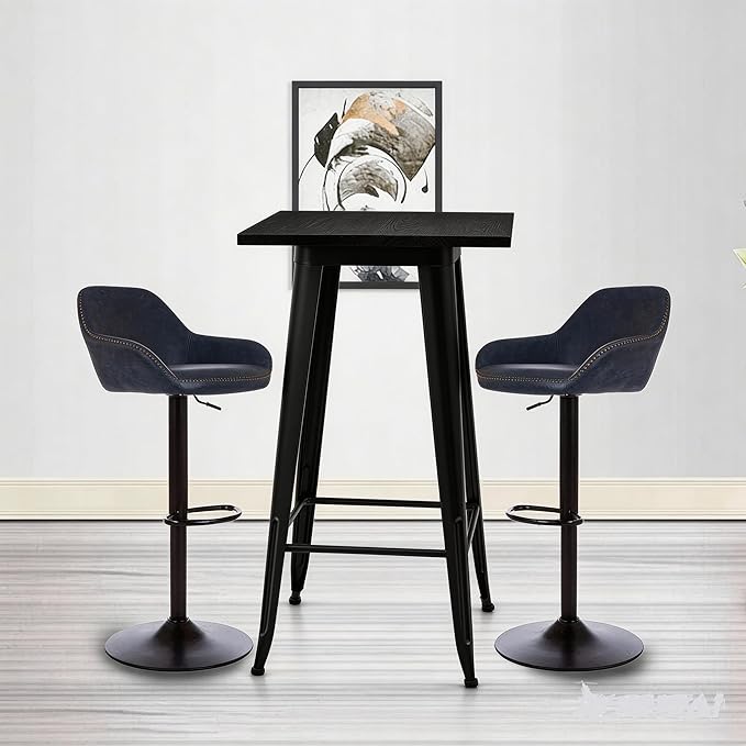 Glitzhome Bar Table and Chairs Set, Square Black Steel Pub Table with Soild Elm Wood Top and Bar Height Adjustable Swivel PU Leather Bar Stool for Breakfast Nook Living Room Small Space Restaurant