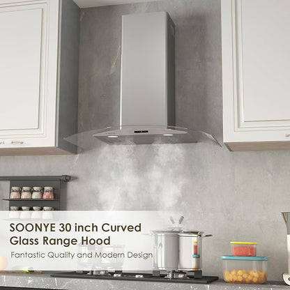 30 Inch Wall Mounted Curved Glass Range Hood with 450 CFM Stainless Steel kitchen Ductless/Ducted Convertible with 3 Speeds Extract Fan & Touch Control