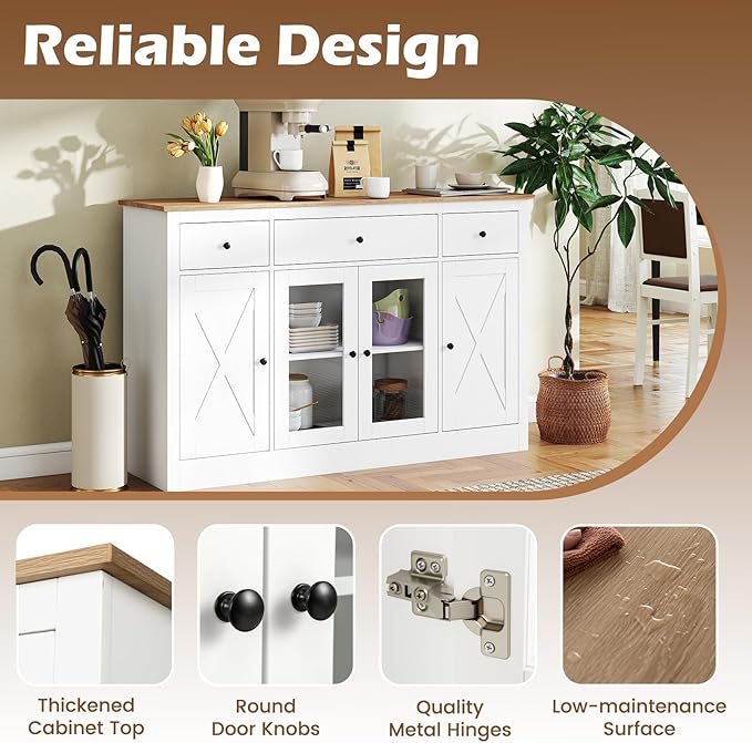 Giantex 55" Sideboard Buffet Cabinet with Storage, Modern Farmhouse Kitchen Storage Cabinet w/3 Drawers, Adjustable Shelves, 2 Barn Doors & 2 Glass Doors, White Sideboard for Living Room, Coffee Bar