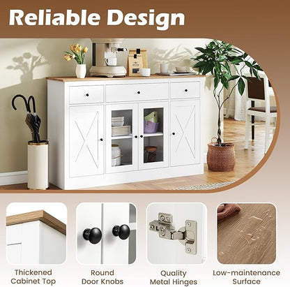 Giantex 55" Sideboard Buffet Cabinet with Storage, Modern Farmhouse Kitchen Storage Cabinet w/3 Drawers, Adjustable Shelves, 2 Barn Doors & 2 Glass Doors, White Sideboard for Living Room, Coffee Bar