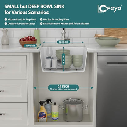 White Undermount Kitchen Sink 21"x18" Workstation Granite Composite Bar Sink Small Granite Sink Undermount Quartz Modern Under Counter Ledge Single Bowl Kitchen Sinks Basin Deep Sink,LOF-Q2313