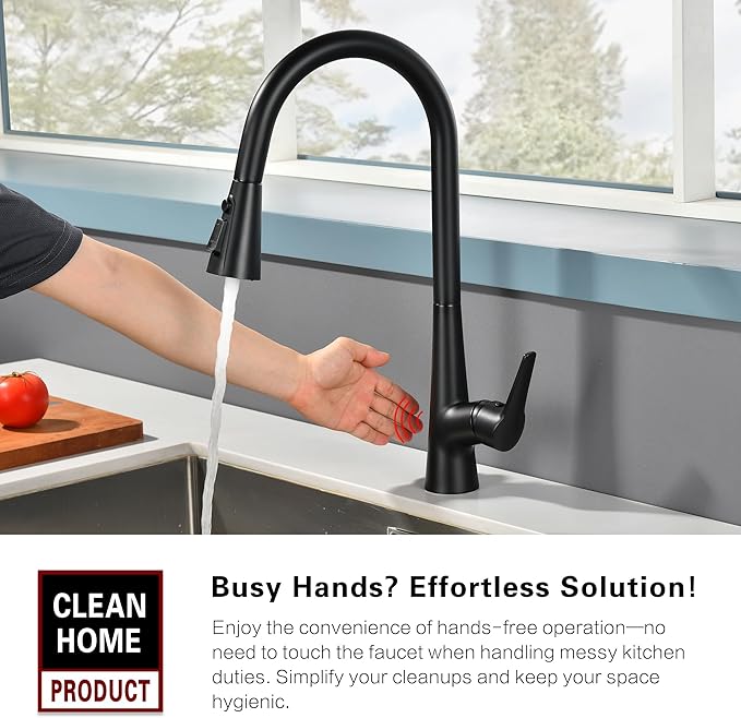 sumerain Matte Black Touchless Kitchen Sink Faucet with Pull Down Sprayer,Hands Free Motion Sensor Faucet for Kitchen Sink