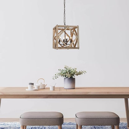 Farmhouse Chandelier, 4-Light Rustic Cage Dining Room Chandelier Over Table, Wood Square Chandeliers Hanging Light Fixture for Bedrooms, Kitchen Island, Entryway, Foyer