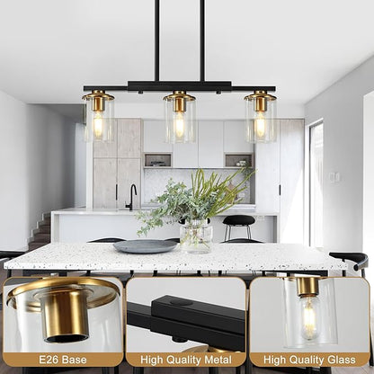 3-Light Kitchen Island Lighting,Dining Room Lights Modern Farmhouse Chandelier with Clear Glass Shade,Modern Rustic Black and Gold Metal Chandelier, Kitchen Pendant Light Fixtures Over Table