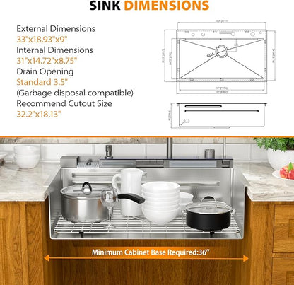 Mocoloo 33 Inch Honeycomb Waterfall Kitchen Sink Drop in, 33x19 Inch Stainless Steel Workstation Sink 16 Gauge Topmount Single Bowl Sink with Complete Kit