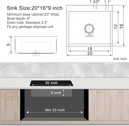 MENATT 20-inch Drop in Kitchen Sink, SUS304 Stainless Steel Top-Mount Handmade Kitchen rv Sink, Single Bowl Sink with Basket Strainer, 20"*16"*9" (Brushed)