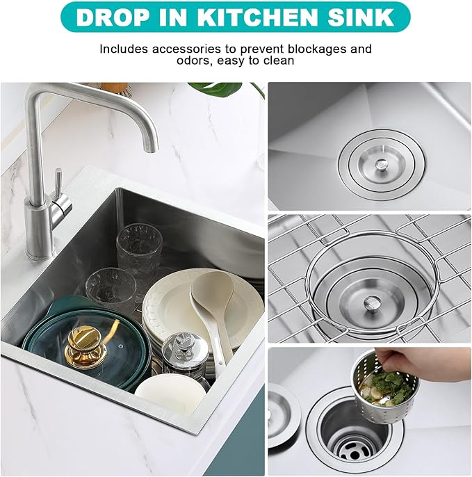 18x18 Inch Drop in Kitchen Sink, 304 Stainless Steel Single Bowl with Bottom Grid Mat & X-Shape Drain, 9” Deep Compact Sink for Small Kitchen, Apartment, RV, Wet Bar