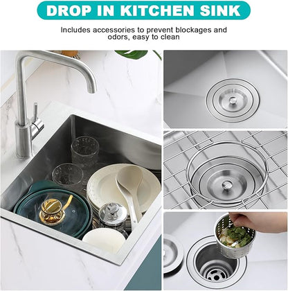 18x18 Inch Drop in Kitchen Sink, 304 Stainless Steel Single Bowl with Bottom Grid Mat & X-Shape Drain, 9” Deep Compact Sink for Small Kitchen, Apartment, RV, Wet Bar