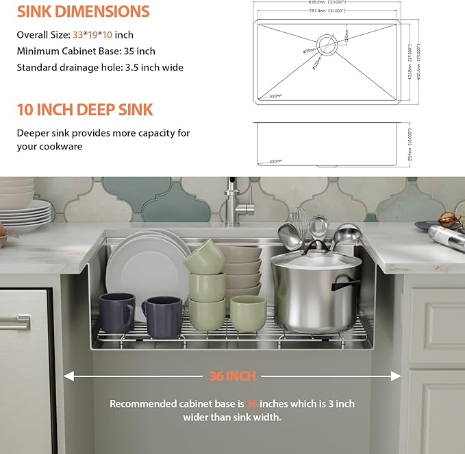 33 Undermount Sink Stainless Steel- Fuyuoer 33 Inch Workstation Kitchen Sink 16 Gauge Stainless Steel Single Bowl Round Corner Handmade Deep Basin Kitchen Sinks, 33x19x10 Inch