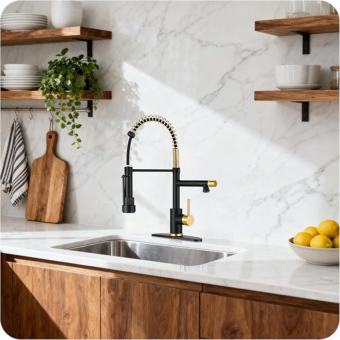 Kitchen Faucet with Pull Down Sprayer - Black & Brushed Gold Single Handle Commercial Kitchen Faucets, 2-Spout Kitchen Sink Faucet, Stainless Steel Spring Pull Out Sink Faucet 1/3 Hole