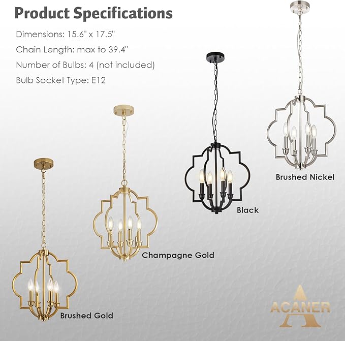4-Light Brushed Gold Chandeliers for Dining Room, 15.6" Farmhouse Geometric Pendant Light Fixture for Entryway Foyer Kitchen Bathroom Over Sink