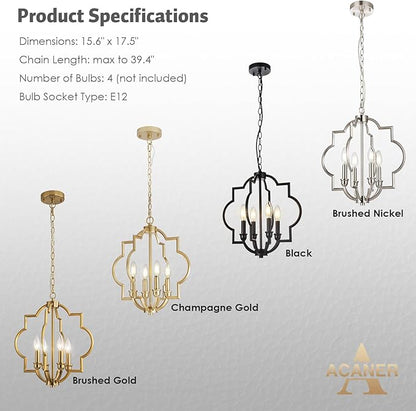 4-Light Brushed Gold Chandeliers for Dining Room, 15.6" Farmhouse Geometric Pendant Light Fixture for Entryway Foyer Kitchen Bathroom Over Sink