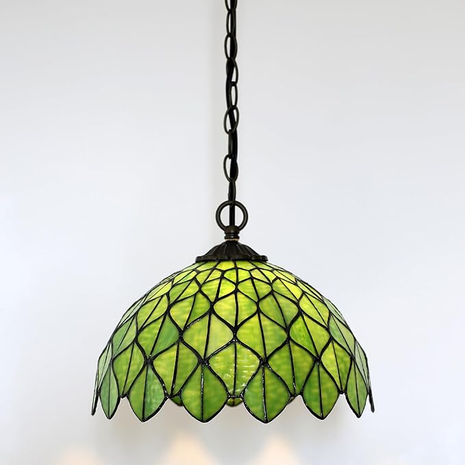 Tiffany Pendant Light Plug-in Stained Glass Hanging Lamp 12”x12”x181” Green Maple Leaf Swag Light Vintage Lighting for Dining Room Living Room Kitchen Hallway Bedroom